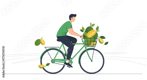 A Person Cycling With Fruit, A Bright Illustration Illustrating Healthy Lifestyle