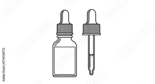 Simple line drawing depicts two glass dropper bottles in black and white