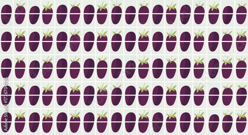 A Repeating Pattern Of Eggplant Illustration Grid With Green Stalks Design