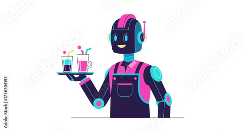 A Robotic Modern Bartender Serving Refreshing Drinks On A Sleek Metallic Tray