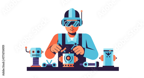 A Robotic Technician Working In A Futuristic Workshop Constructing Androids And Cybernetics