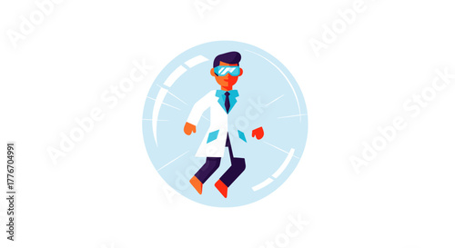 A Scientist Enclosed in Protective Bubble with Augmented Reality Glasses Vector Illustration