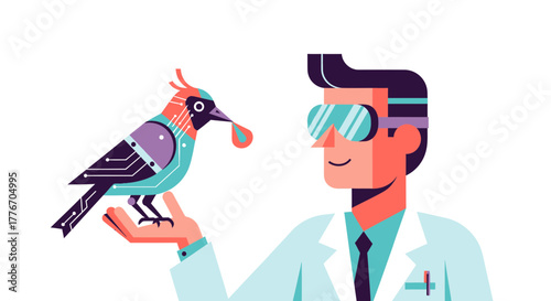 A Scientist Observing A Cybernetic Bird, Symbolizing Technological Advancements