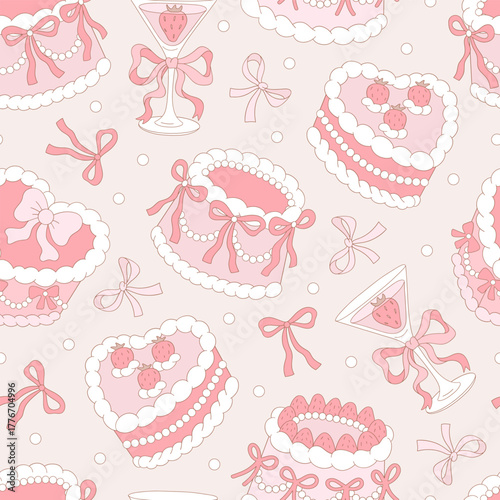 Romantic Vintage Coquette Strawberry Cake and Martini Seamless Pattern, Girlish Retro Valentine Day Background for Textile and Wrapping Paper