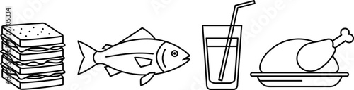 “Food line art icons, sandwich, fish, drink, chicken leg illustration”