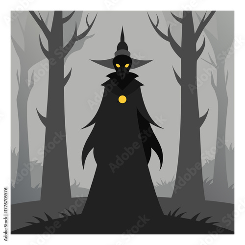 Mysterious dark cloaked figure with a beak mask and glowing eyes standing in a spooky forest isolated on white background