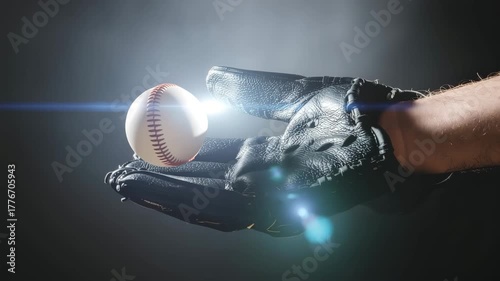 Baseball  slow motion Mid-Air Approaching a Glove, Dynamic Sports Shot with Light Flare, Close-up