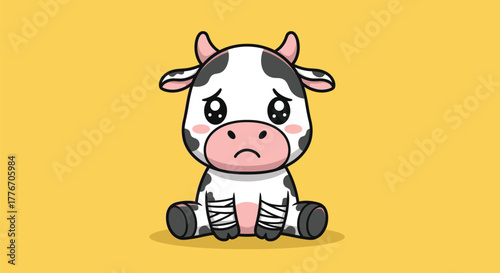 Cute Sad Cow Sitting Down: Adorable Cartoon Character Feeling Upset
