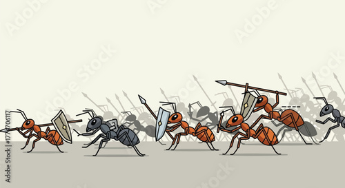 Ant War: Red and Black Ants Fighting with Spears and Shields