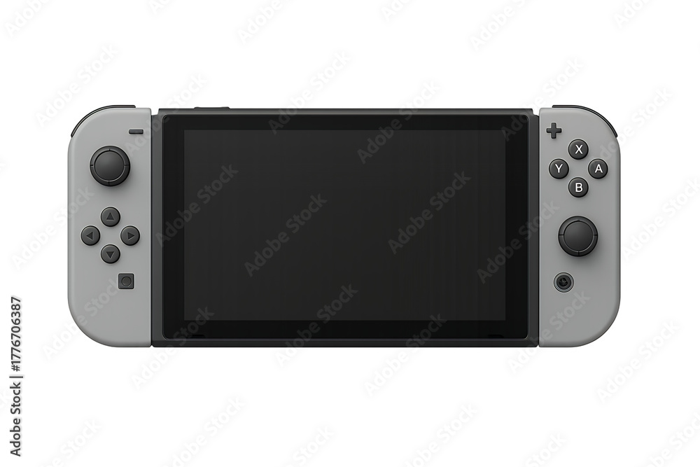 Fototapeta premium Wireless handheld gaming console with detachable controllers showing blank screen, isolated on transparent background