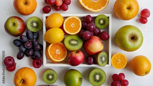 Overhead view of assorted fresh fruits — apples, oranges, kiwi, berries, mango, and grapes — arranged neatly on white background, bright natural light, vivid colors, perfect for health and nutrition t