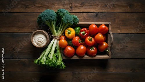 Top-down view of fresh vegetables — carrots, tomatoes, bell peppers, broccoli, and spinach — on rustic wooden surface, natural textures, earthy tones, perfect for organic food and farm-to-table visual