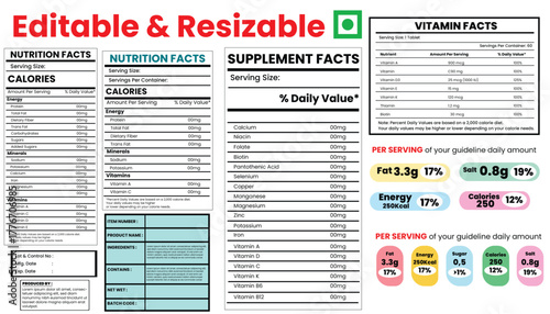 nutrition facts, supplement facts, vitamin facts, product label elements, nutrition fact template, food label, supplement label