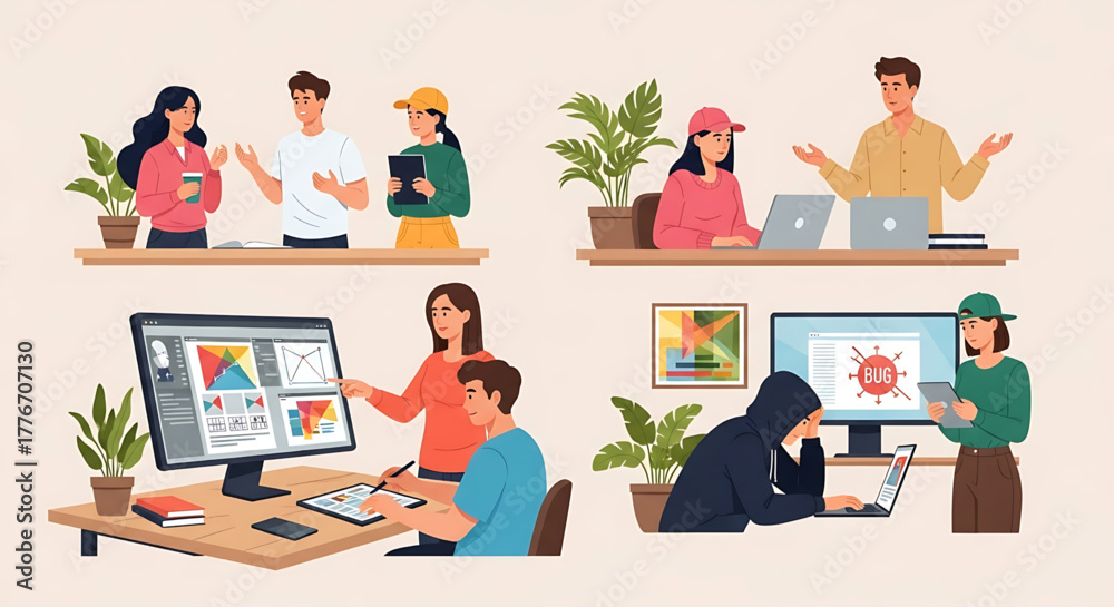 Fototapeta premium Creative concept vector illustrations showing design, art, and idea generation. Includes teamwork, brainstorming, and creative process elements for modern projects.