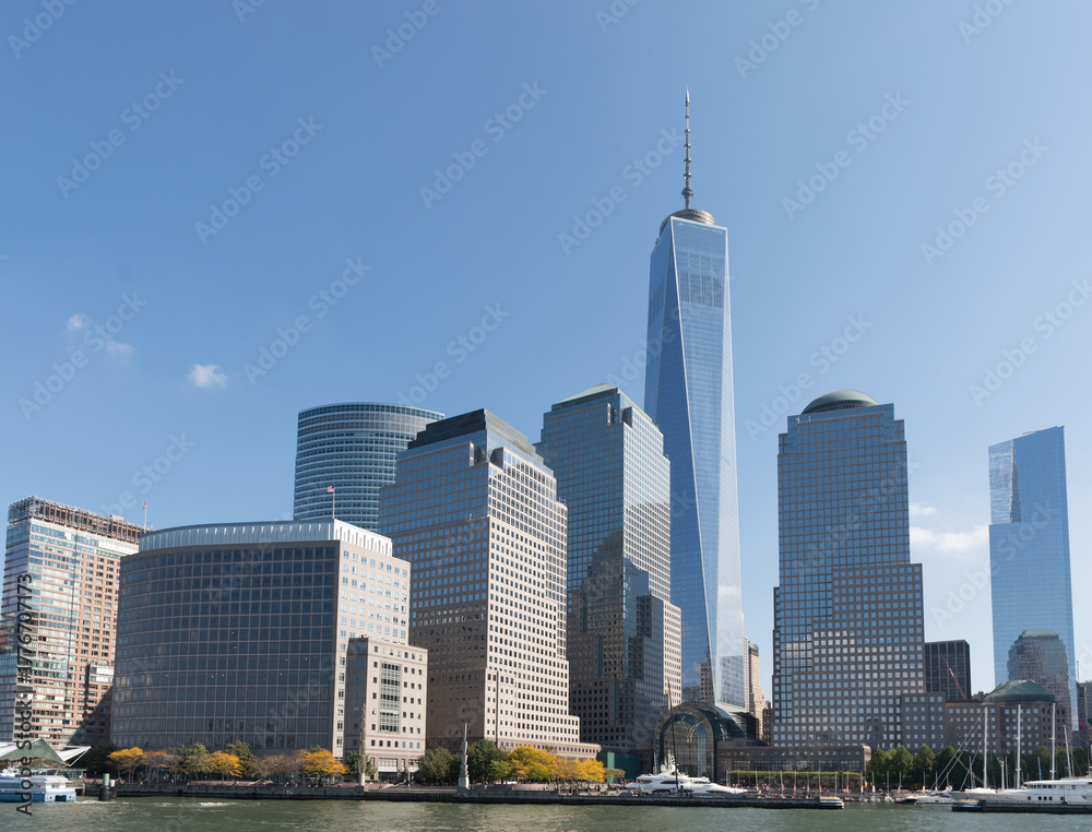 Obraz premium New York City, NY, USA. October 17, 2014: Skyline of Lower Manhattan featuring One World Trade Center on a clear day.