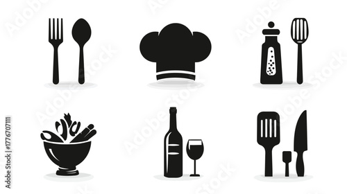 Cooking, food, and drink black silhouette icons set. Kitchen utensils, chef hat, wine, salad bowl, and restaurant essentials vector collection.