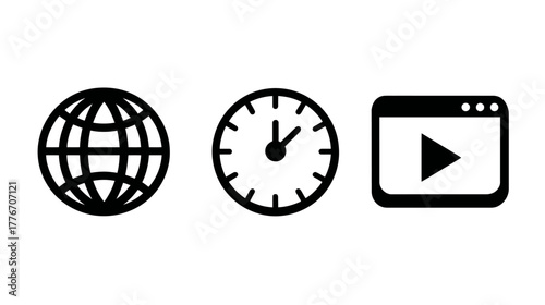 Digital Icons Set: Globe, Clock & Media Player. Internet, global communication, time management, and video content symbols.