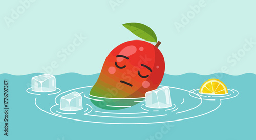A Sleepy Mango Floats In Cool Waters Near Ice Cubes And A Lemon Slice