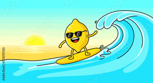 A Smiling Lemon Surfing a Wave During a Beach Sunset, Happy Cartoon Vibes