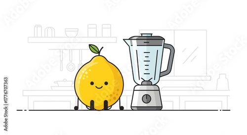 A Smiling Lemon And A Blender Ready For A Delicious, Nutritious Freshly Made Juice