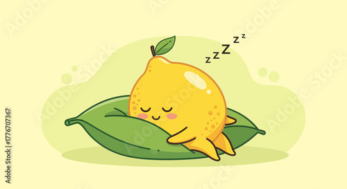 A Smiling Lemon Character Is Sleeping Soundly Upon a Large Leaf and Dozing Off Peacefully