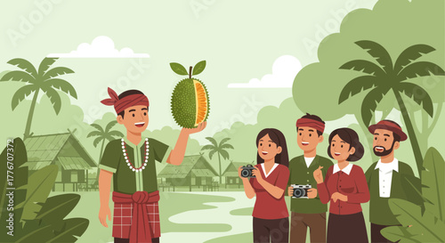A Smiling Man Showcases A Jackfruit To Enthusiastic Tourists In A Tropical Region