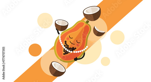 A Smiling Papaya Gem Adorned With a Pearl Necklace Amongst Coconuts and Geometric Shapes