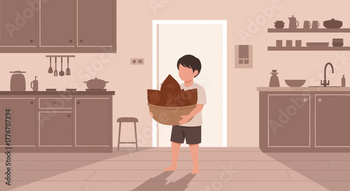 A Young Person Carries A Large Bowl Filled With Brown Produce Inside The Kitchen