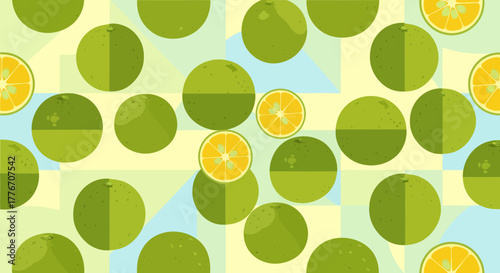 Abstract Citrus Fruit Arrangement Against Pastel Geometrical Background Illustration