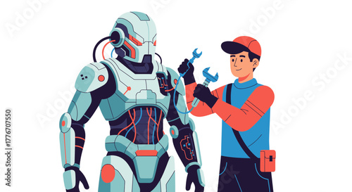 A Technician Repairing A Futuristic Robot with Wrenches for Maintenance and Service Work