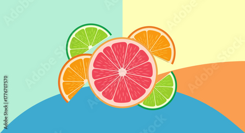 Abstract Colorful Image Of Citrus Fruits Slices On Different Shades Of Colors