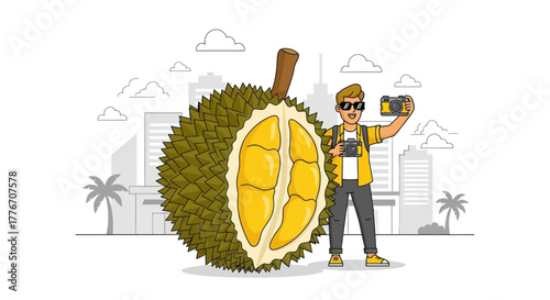 A Traveler Snapping a Photo of Ripe Durian Fruit Outside Metropolis on a Sunny Day