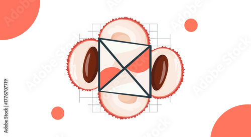 Abstract Geometric Composition Featuring Sliced Lychee Fruits and Symmetrical Graphic Elements