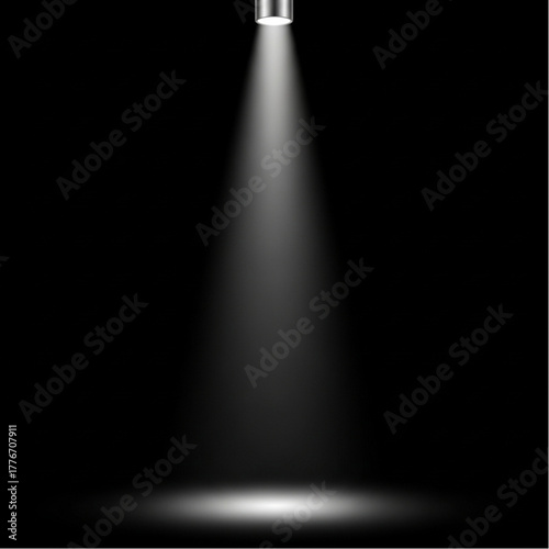 A single, focused spotlight beam pierces the darkness. The graphic offers versatility, providing a striking visual metaphor for illumination, emphasis, or direction. vector illustration