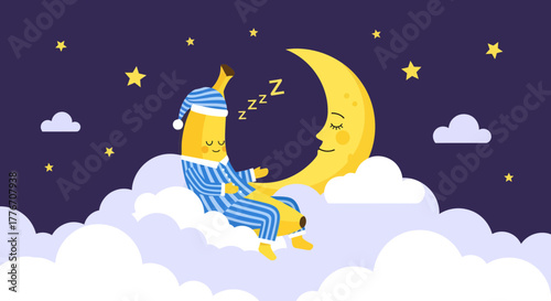 A Whimsical Banana In Pajamas Snoozing On A Cloud Under The Moonlight's Gentle Embrace
