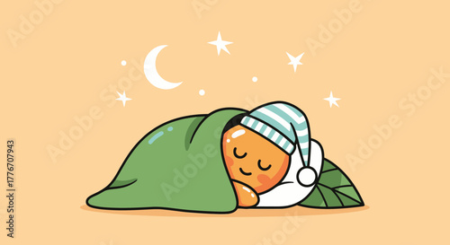 A Whimsical Cartoon Character Cozy Under a Blanket Dreaming beneath moonlight