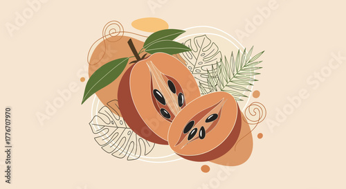 Abstract Illustration of Exotic Fruit Slices With Decorative Leaves And Organic Forms
