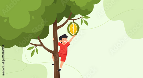 A Young Boy Climbs a Tree to Pick the Exotic Durian Fruit Illustration