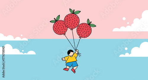 A Young Boy Ascending with Lychee Balloons in a Dreamlike and Playful Illustration