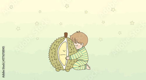 A Young Boy Cuddling A Durian Fruit Smiling Between Gentle Stars in Watercolor