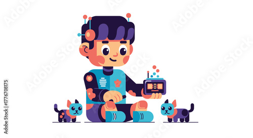 A Young Boy Interacting With Robotic Pets And A Futuristic Device Cartoon Illustration