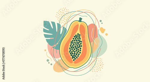 Abstract Papaya Illustration Surrounded By Artistic Shapes And Organic Flowing Lines