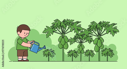 A Young Gardener Watering Lush Papaya Trees in a Harmonious Garden Illustration
