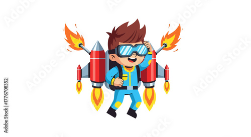 A Young Explorer Soaring Through the Skies With a Futuristic Rocket Pack Illustration