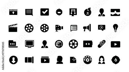 Vector set of media, video, film, and entertainment glyph icons. Digital communication, cinema, movie, social media symbols.