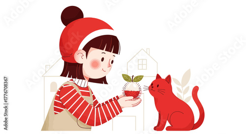A Young Girl Gives Exotic Fruit to a Curious Cat in a Charming, Delightful Scene