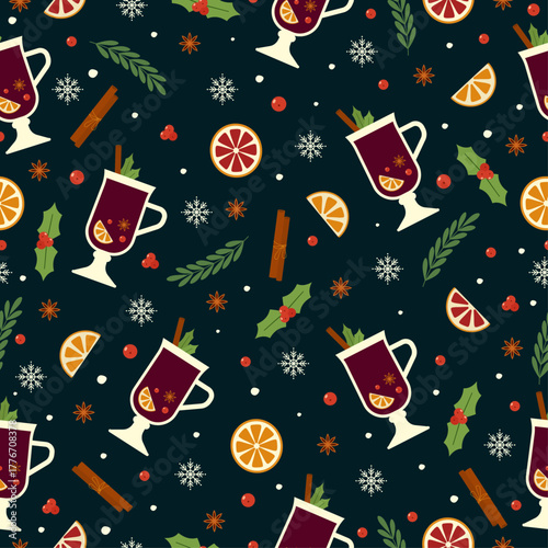 Seamless vector pattern with mulled wine, orange slices and christmas elements in flat style. New Year backdrop with mistletoe and snowflakes. Winter wallpaper with simple shapes