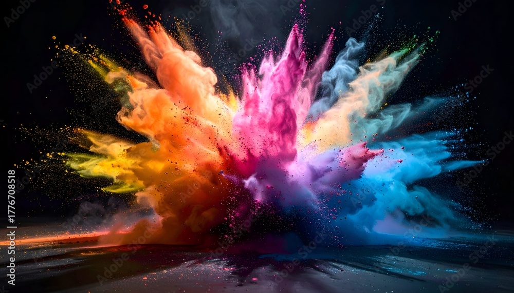 Naklejka premium A vibrant explosion of colorful powder against a dark backdrop, creating a dynamic visual