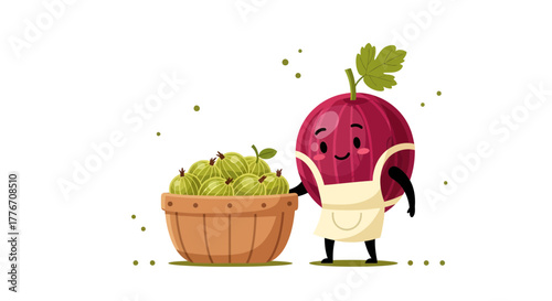 Adorable Fruit Character Holding Basket Of Gooseberries In Delightful Illustration