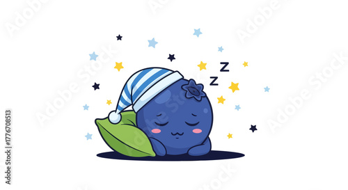 Adorable Blueberry Character In A Sleepy Pose, Surrounded By Stars And Resting